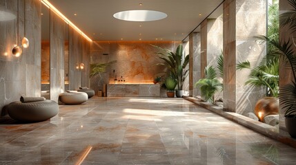 Inside of a modern room with marble flooring