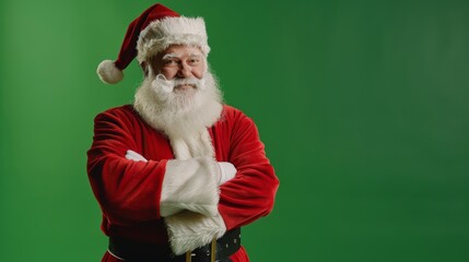 An isolated studio shot mockup template with a jolly Santa Claus standing on a green screen chromakey background, looking at the camera with a smile. Christmas, New Year, Celebration.