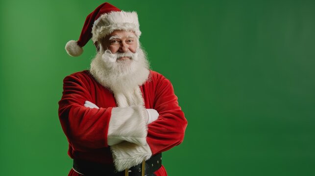 An isolated studio shot mockup template with a jolly Santa Claus standing on a green screen chromakey background, looking at the camera with a smile. Christmas, New Year, Celebration.