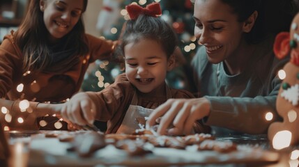 Children and parents baking gingerbread cookies during the holidays. Cute little girl and parents making memories in the kitchen.