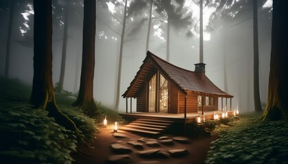 Enchanted cabin in the forest, and the mist surrounded
