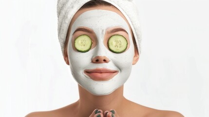 Closeup of a beautiful girl with facial mask applied and pieces of cucumber placed on her eyes