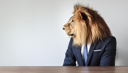Lion wear suit and sit in CEO table on white background