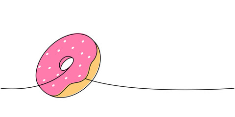 Take away donut one line colored continuous drawing. Bakery sweet pastry food. Vector linear illustration.