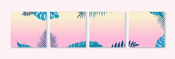 Social media post template collection in flat design. Summer concept with tropical leaves. Stock illustration.
