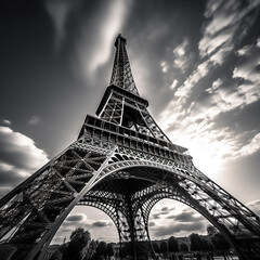 Breathtaking views of the Eiffel Tower, in black and white style. unusual illustration, Paris.