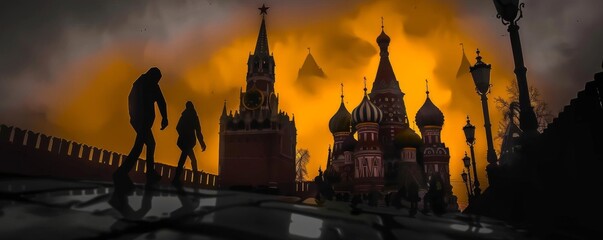 A dark and ominous sky looms over the Kremlin, casting an eerie orange glow on the buildings below