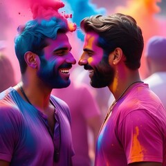 Fototapeta premium man and a man. The concept of the Holi holiday.An explosion of colorful paints, bright vibrating pigments. Noisy texture of dust and powder, flicker and shimmer noise