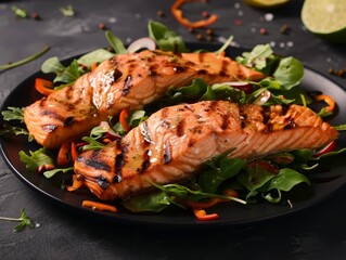 Fresh Grilled Salmon on a Black Plate for Restaurant Menu Generative AI
