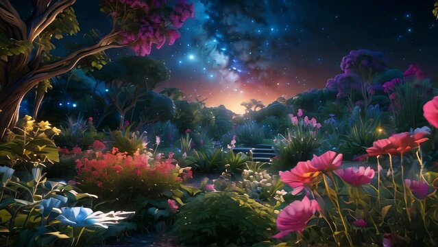 Vibrant garden under a starlit sky creating a fantasy landscape. AI.