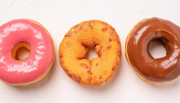 Sweet and delicous pink and chocolate donuts on white background
