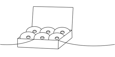 Donuts in a cardboard box one line continuous drawing. Bakery sweet pastry food. Vector linear illustration.