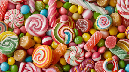 Fototapeta na wymiar Top down view of various shapes of candies, gummy jellies, lolly, etc