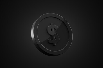Black dollar coin money currency business cash wealth symbol finance investment banking on 3d...