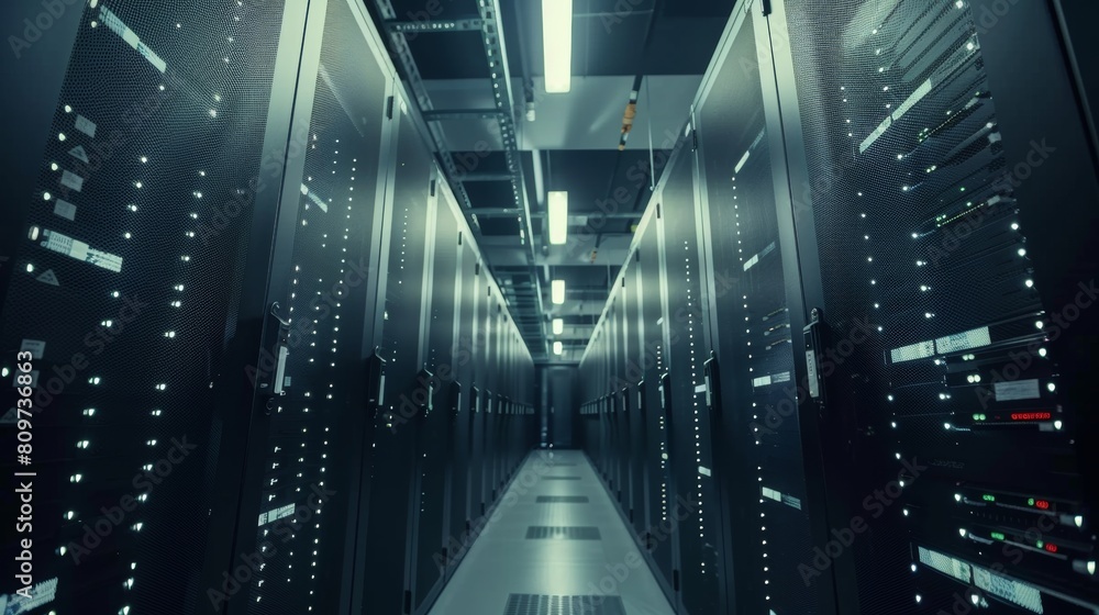 Aufkleber typical rack server setup in a working data center.
