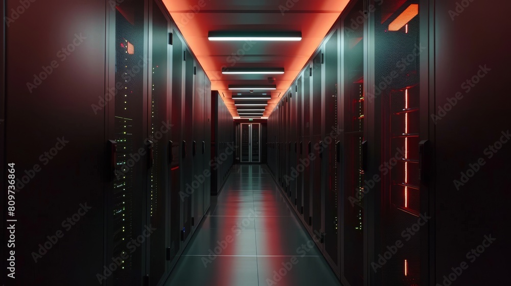 Poster the working data center corridor is full of rack servers and supercomputers.