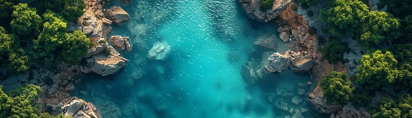 Naklejka premium Crystal clear water flows from a hidden forest stream into a vibrant coral reef teeming with fish