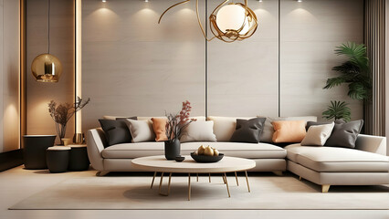 This image presents an elegant living room with a sophisticated beige sofa, modern decor elements,...