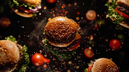 Silhouette of gourmet burgers spinning from above
