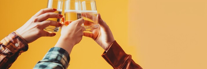 In this warm-toned image, hands are seen toasting with champagne flutes, symbolizing celebration and connection