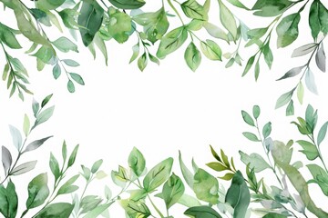 Herbal minimalist vector frame. Hand painted plants, branches, leaves on a white background. Greenery wedding simple invitation template. Watercolor style card. All elements are isolated and editable