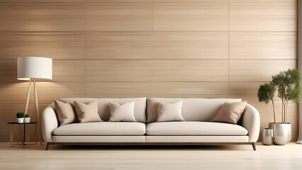 A minimalistic domestic space featuring a cozy white sofa with cushions against a backdrop of warm wooden wall panels and soft lighting