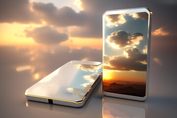 Two smartphones displaying a vibrant sunset on their screens.