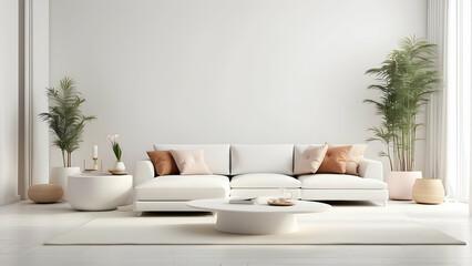 A well-lit spacious living room featuring a white sofa, potted plants, and neutral tones Perfect for a calm and modern aesthetic
