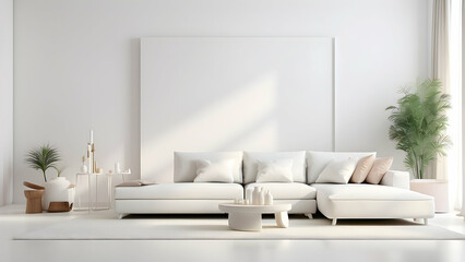 A chic and sophisticated living room with a sectional white sofa and stylish decorations in a neutral palette