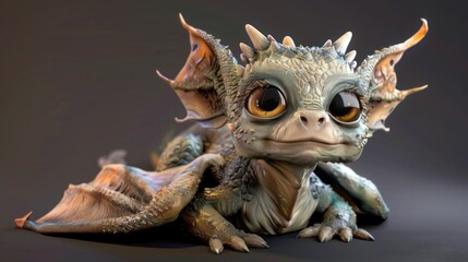 Cute fantasy baby dragon with big eyeballs,AI generated image.