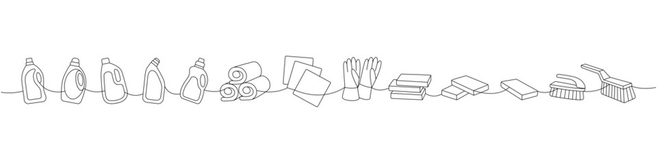 Obraz premium Set of cleaning tools one line. Toilet cleaners, towels, rags, gloves, sponges, washcloths, brushes continuous one line illustration.