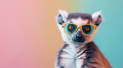Fototapeta premium A fashionable lemur with glasses on a vivid background. The animal is wearing sunglasses.