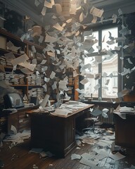 An office where the paperwork flies around, organizing itself, hinting at a hidden order and intelligence within mundane tasks