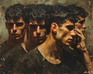 A surreal portrayal of a man gazing at multiple versions of himself, each in a different state of action or repose