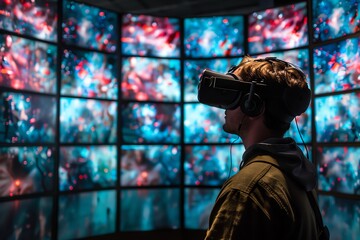 A virtual reality setup where users can switch between multiple realities, offering an immersive experience of the possibilities of perception