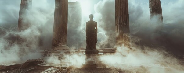 Ethereal guardian, guardian statue, standing in ruins of forgotten city, amidst swirling mist, depicted in a photography style with backlighting