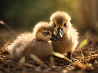 Obraz premium A baby Goose gets a mouthful of downy feathers