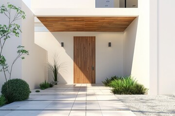New house with wooden door and empty white wall. 3d rendering of large patio in modern home