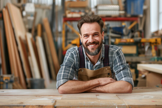 Happy craftsman in woodworking workshop