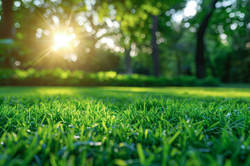 Naklejka premium Sunlight illuminating green lawn with lush park trees