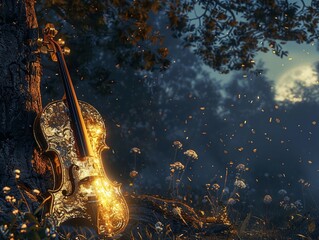 Golden violin, ethereal music, emitting shimmering notes, in a moonlit forest clearing