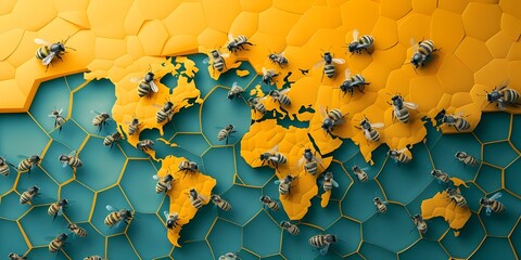 Bee collecting nectar on a world map.