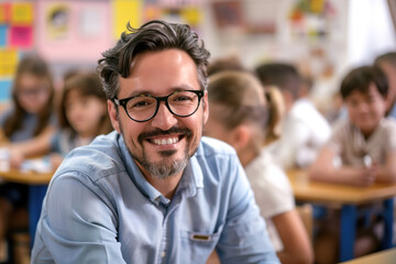 Affable male teacher engaging with students