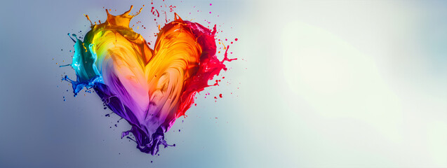 A colorful heart with rainbow colors splattered on it. The heart is surrounded by a white...