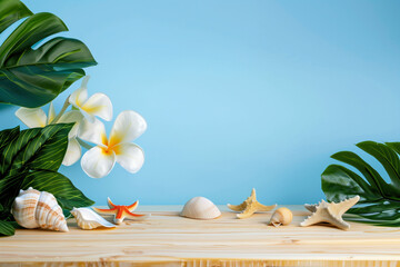 Tropical beach display with starfish and shells