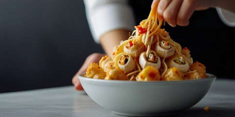 person holding a bowl of pasta