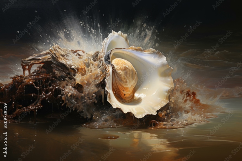 Poster Artistic rendering of a sea shell with a powerful ocean wave crashing around it