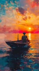 A tranquil artwork of a fisherman starting his day with a quiet sun salutation on his boat