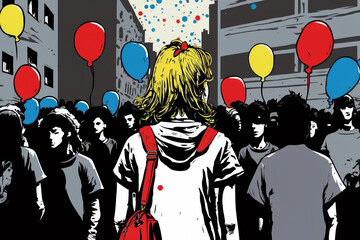 A girl with balloons in a lively crowd.