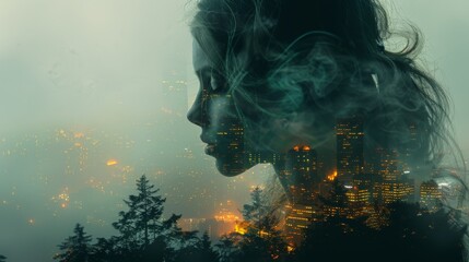 double exposure of profile face of woman looking down, cinematic lighting, foggy misty, forest scene, artstation style